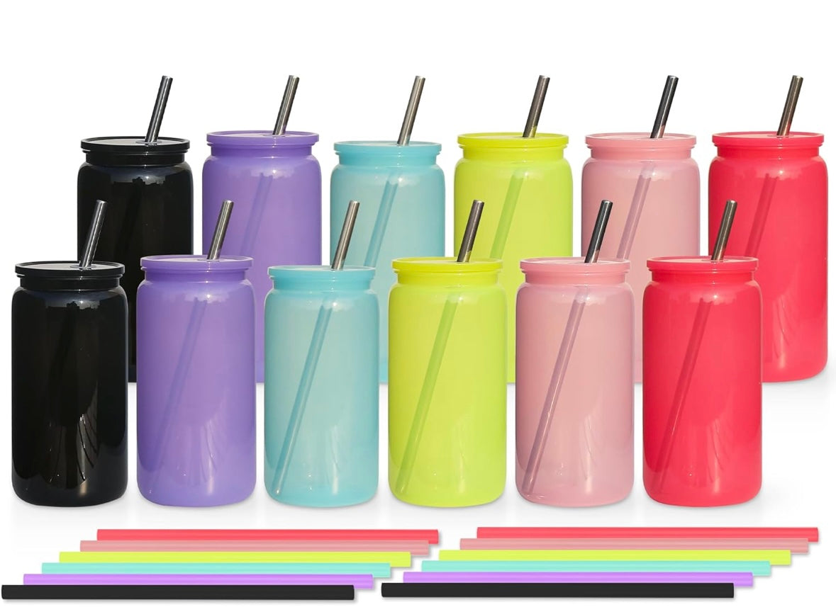 16oz Colorful Plastic Cups with Lids & Straws – Jelly Mason Jar Style